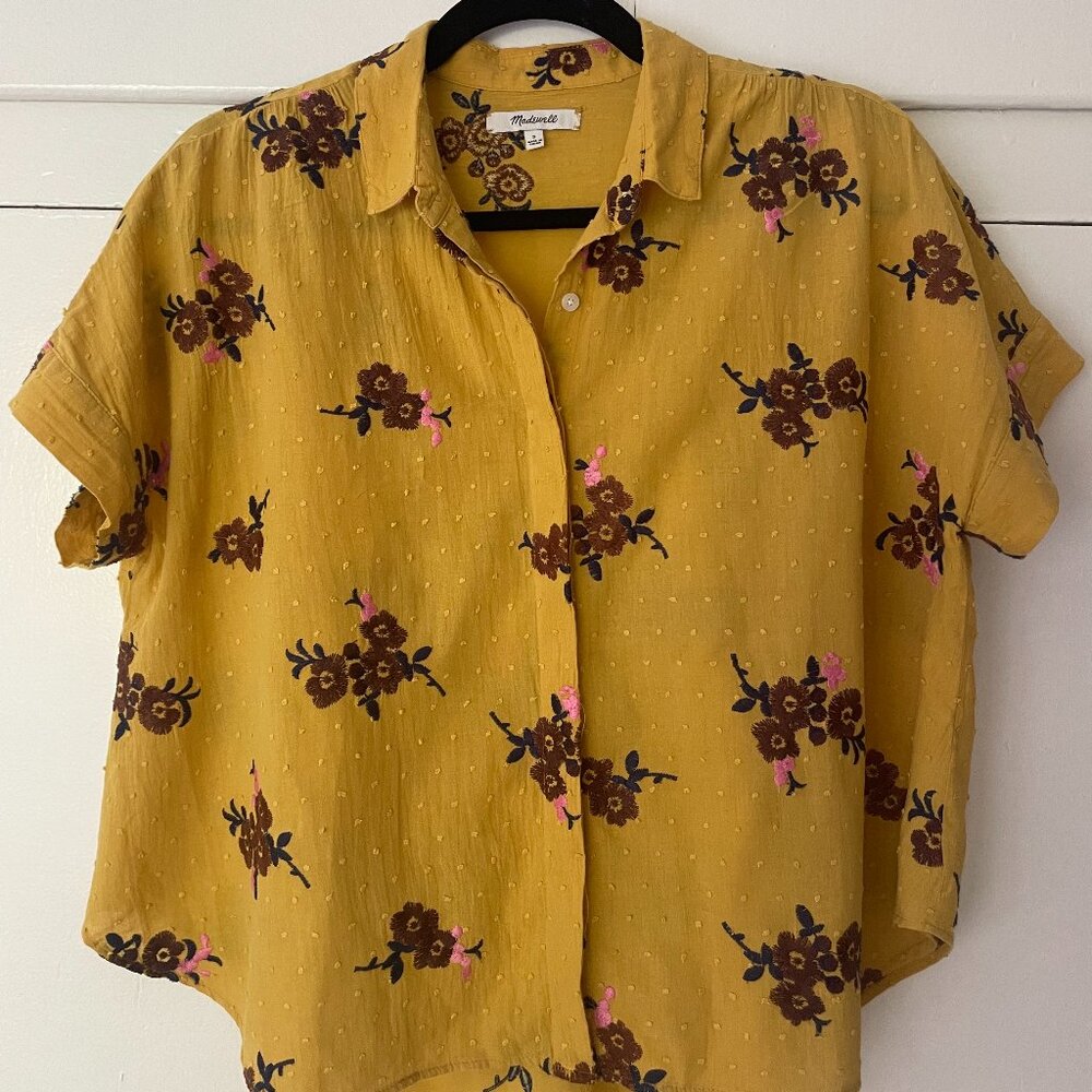 Madewell Mustard Yellow Floral Embroidered Short Sleeve Button Down